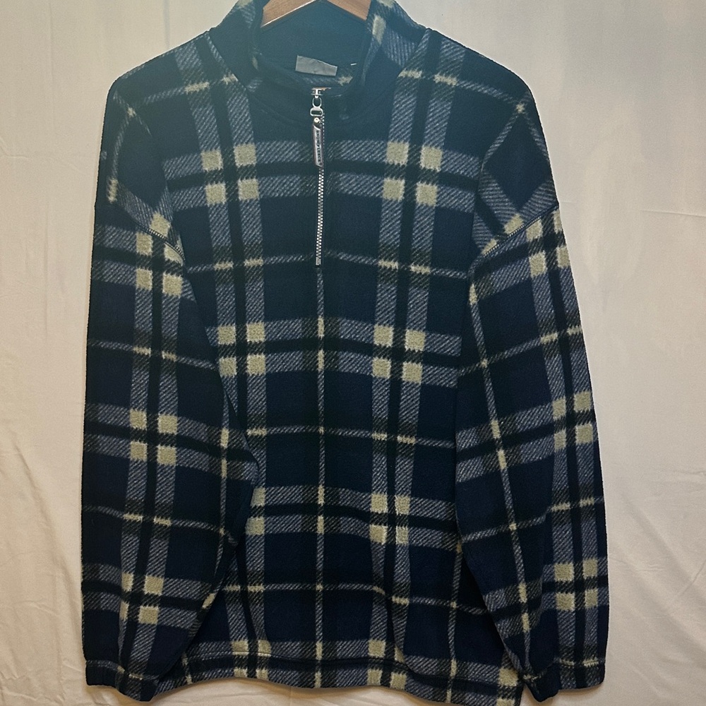 Vintage Bugle Boy Men's Navy Blue Plaid Quarter Zip Sweater size XL